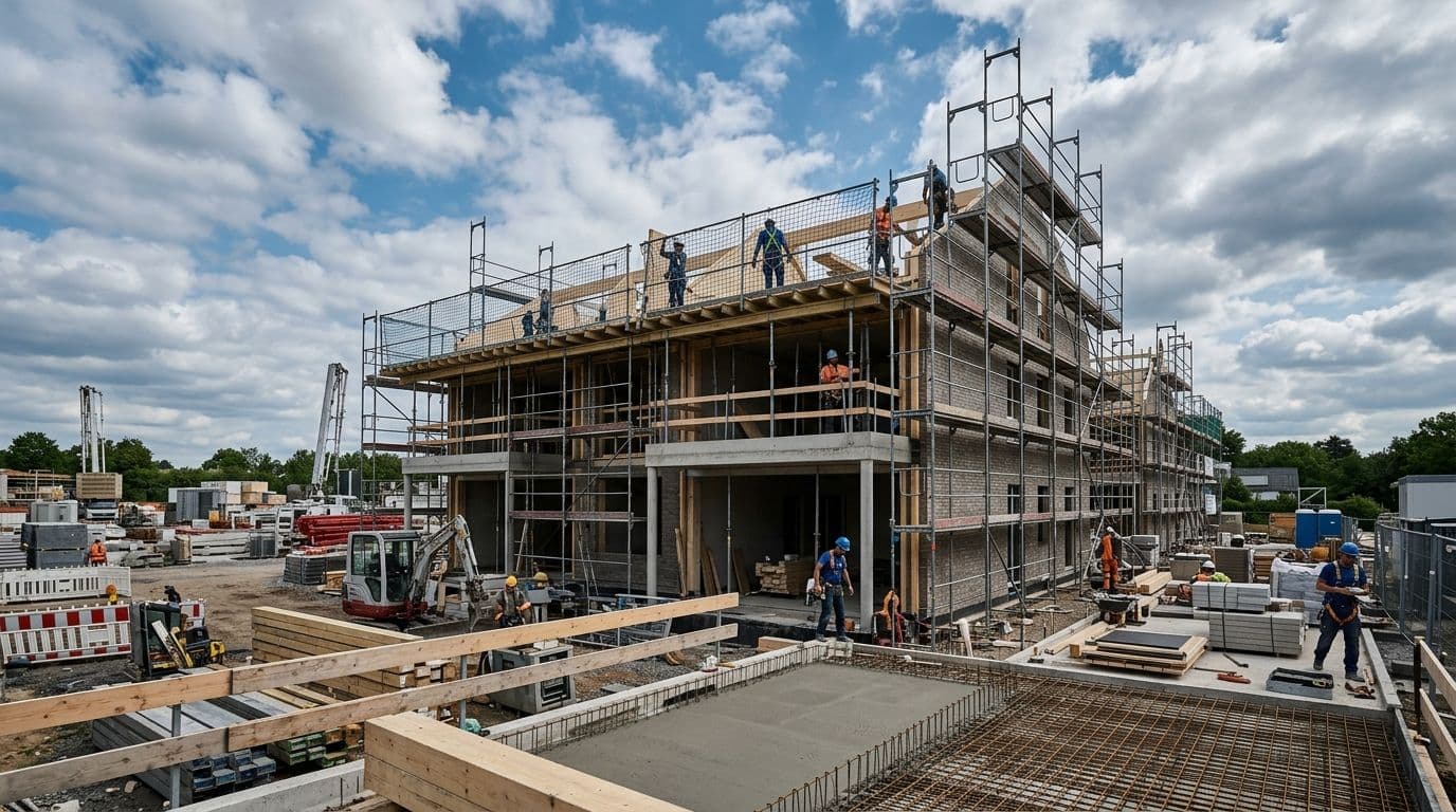 Rohbau mit Gerüst – Bauleistungsversicherung schützt Bauherren vor unvorhergesehenen Schäden während der Bauphase