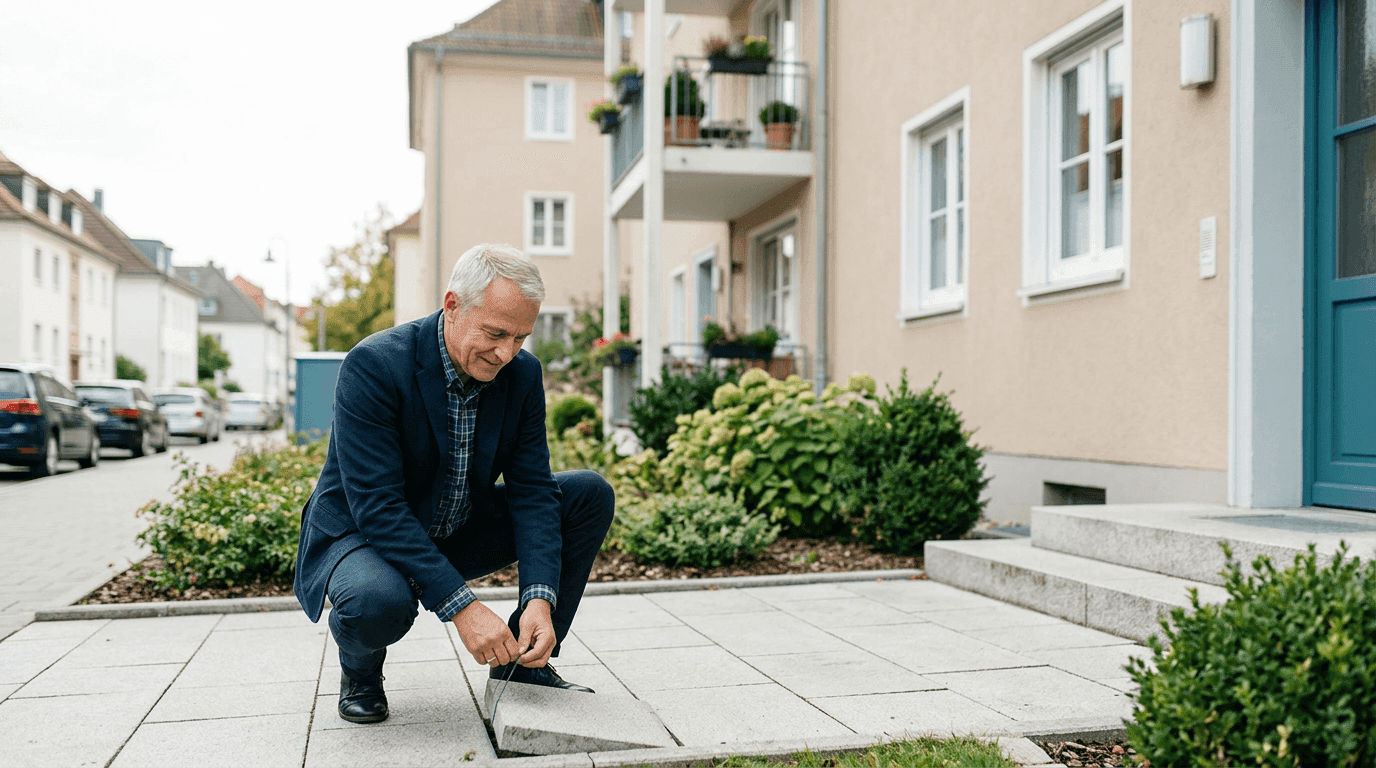Eigentümer prüft Eingang seines Mehrfamilienhauses – Haus- und Grundbesitzerhaftpflicht schützt vor Schadensersatzforderungen